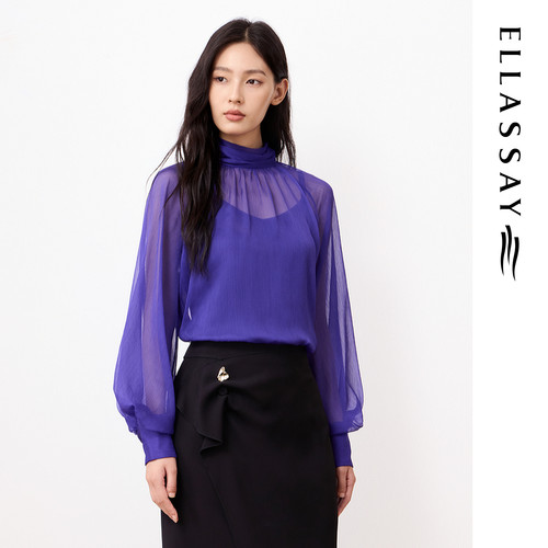 ELLASSAY歌力思26早春新款蚕丝薄透立领鸢尾紫衬衫女EWF371C01800