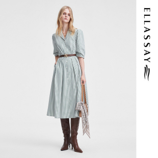 ELLASSAY歌力思春季新款棉弹休闲条纹衬衫连衣裙女EWW351Y01100