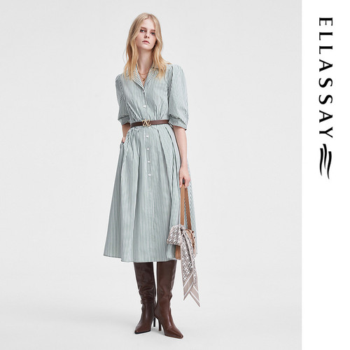 ELLASSAY歌力思春季新款棉弹休闲条纹衬衫连衣裙女EWW351Y01100
