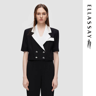 ELLASSAY歌力思春夏新款三醋纤黑白拼色截短式西装女EWF345T03400