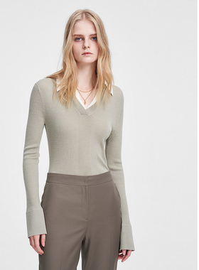 ELLASSAY歌力思春季新款羊毛真丝V领衬衫领针织衫女EWW351M00700