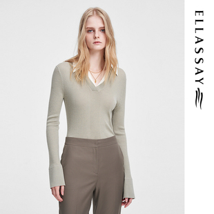 领针织衫 羊毛真丝V领衬衫 女EWW351M00700 新款 ELLASSAY歌力思春季