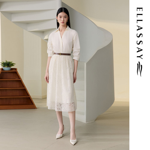 ELLASSAY歌力思早秋新款棉镂空蕾丝衬衫领连衣裙女EWU363Y00900