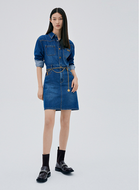 ELLASSAY歌力思秋冬新款复古柔软链条衬衫牛仔连衣裙EWW333Y09700