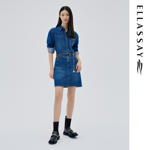 ELLASSAY歌力思秋冬新款复古柔软链条衬衫牛仔连衣裙EWW333Y09700