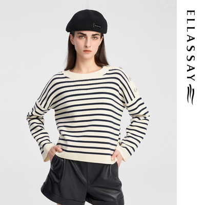 ELLASSAY歌力思秋季新款100%绵羊毛圆领条纹针织衫女EWE343M07200