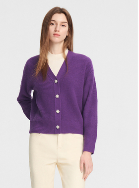 ELLASSAY歌力思秋冬新款绵羊毛薰衣草紫针织开衫女EWE354M09300