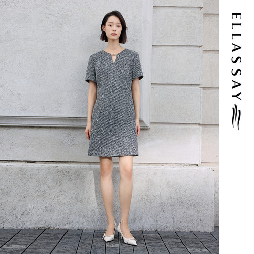 ELLASSAY歌力思26春夏新款银丝针织花纱及膝连衣裙女EWE371Y11500