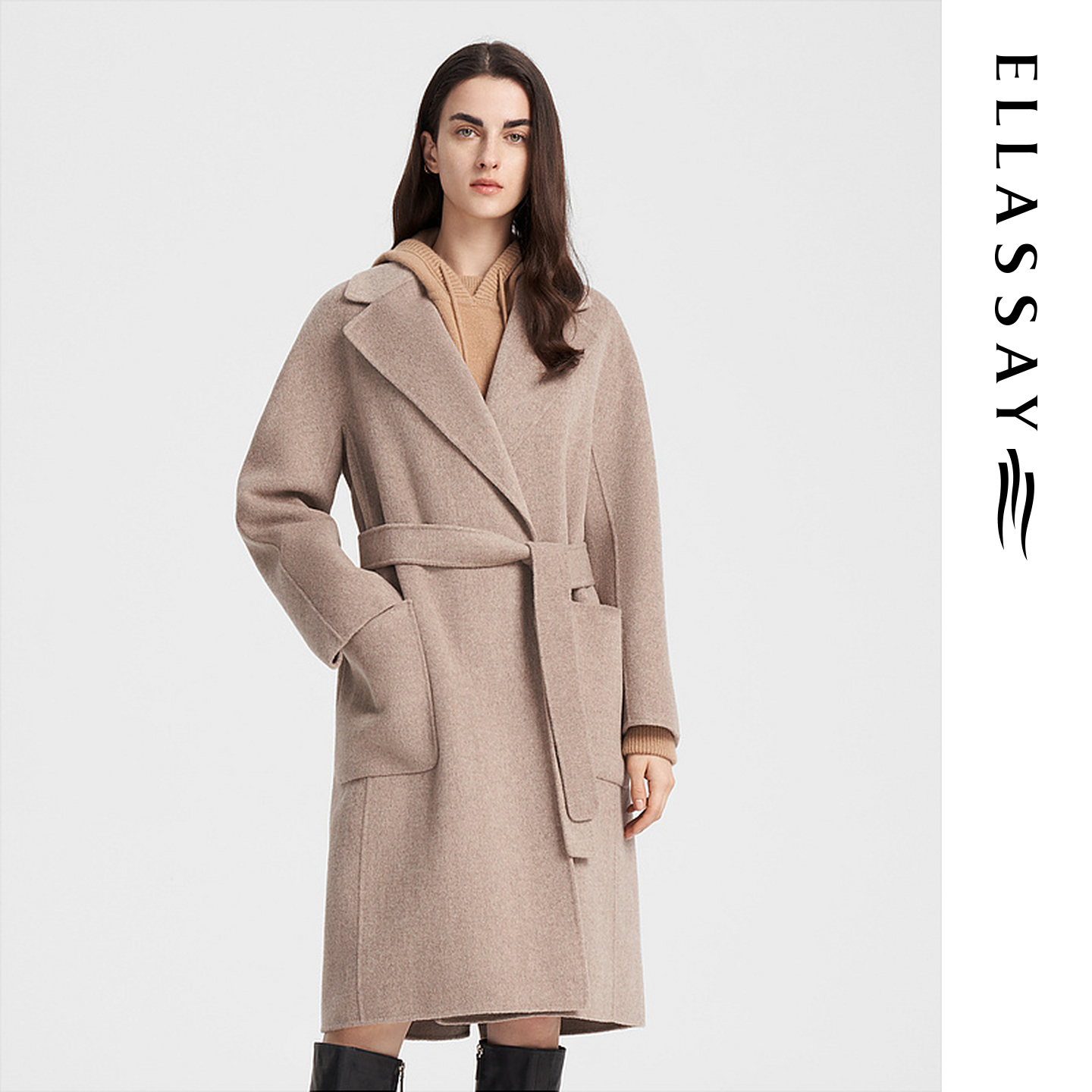 ELLASSAY歌力思冬季新款绵羊毛中长款毛呢大衣女EWB344D00200