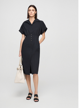 ELLASSAY歌力思夏季新款棉简约V领短袖中长连衣裙女EWE362Y18400