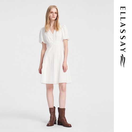 ELLASSAY歌力思夏季新款纯棉绣花小白裙短袖连衣裙女EWB352Y04700