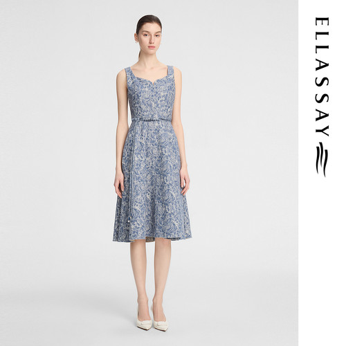 ELLASSAY歌力思早秋新款棉国风仿牛仔提花连衣裙女EWW353Y01900