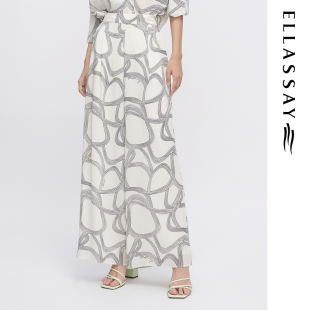 ELLASSAY歌力思春夏新款桑蚕丝时尚印花阔腿休闲裤女EWF342K03000