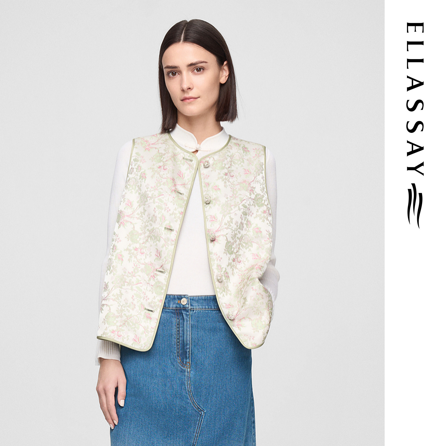 ELLASSAY歌力思春季新款绿花卉新中式提花无袖马甲女EWW361B00100