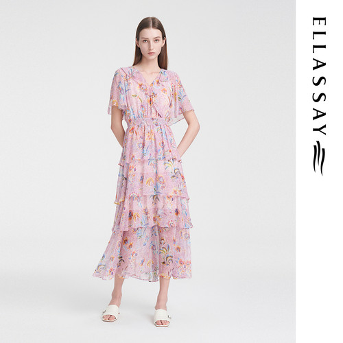 ELLASSAY歌力思夏季新款100%桑蚕丝层次裙摆连衣裙女EWV352Y01700