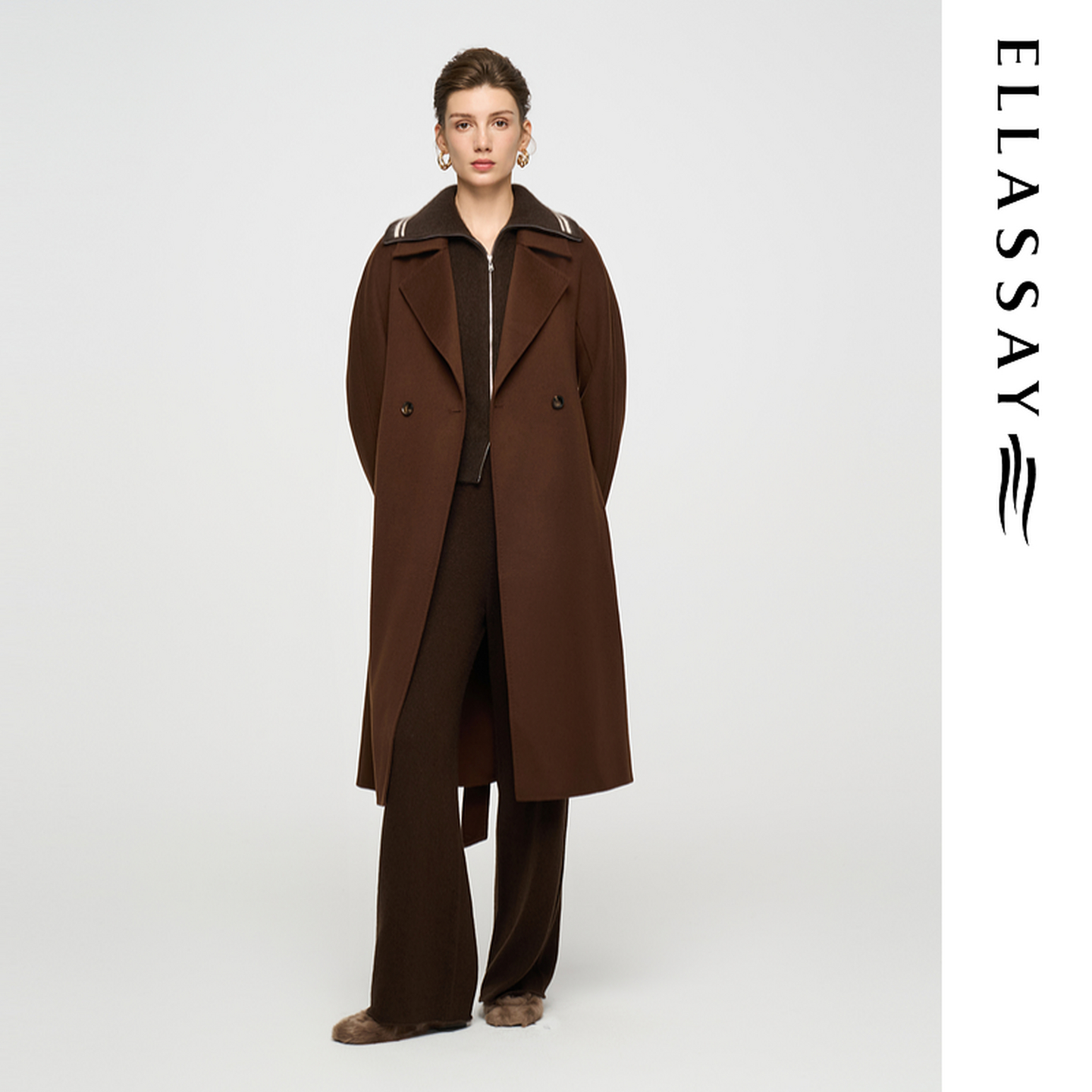 ELLASSAY歌力思2025秋冬新款100%羊绒复古棕色大衣女EWD363D04300