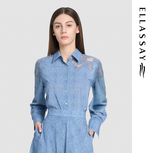 ELLASSAY歌力思2026春夏新款蕾丝拼接牛仔印花衬衫女EWD371C00400
