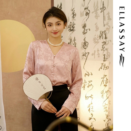 ELLASSAY歌力思秋季新款桑蚕丝新中式V领提花衬衫女EWA356C00700