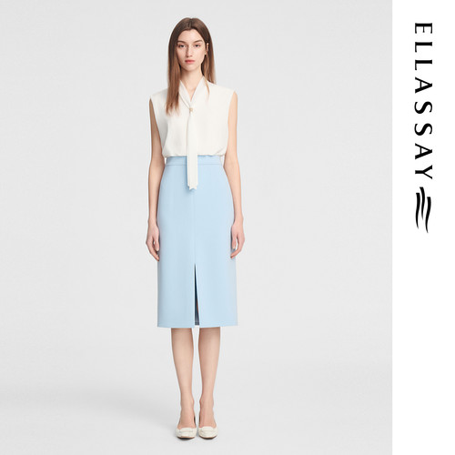 ELLASSAY歌力思秋季新款肌理蓝醋酸气质高腰连衣裙女EWE353Y01900