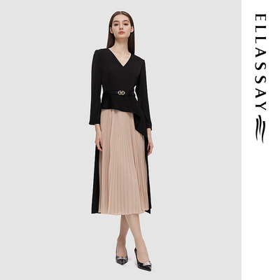 ELLASSAY歌力思春季新款撞色设计褶皱连衣裙女EWD351Y11000