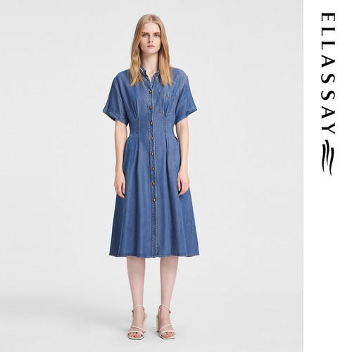 ELLASSAY歌力思夏季新款莱赛尔牛仔短袖衬衫连衣裙女EWB352N00600