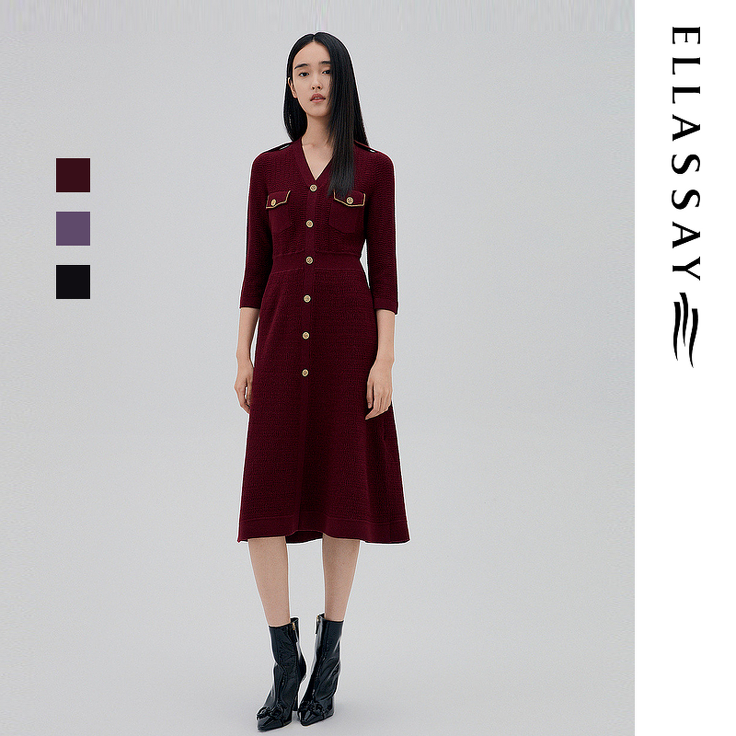 ELLASSAY歌力思秋冬新款绵羊毛光感针织长袖连衣裙女EWD333M02300