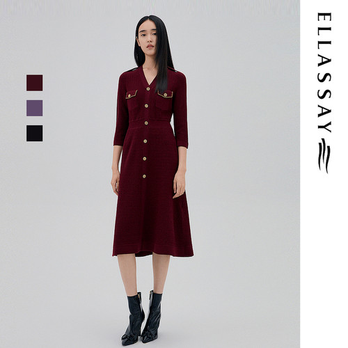 ELLASSAY歌力思秋冬新款绵羊毛光感针织长袖连衣裙女EWD333M02300