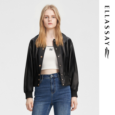 ELLASSAY歌力思秋季新款羊皮革机车复古短外套女EWB353X00400