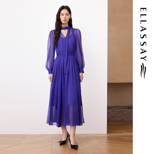 ELLASSAY歌力思26早春新款薄透雪纺鸢尾花紫连衣裙女EWF371Y07700