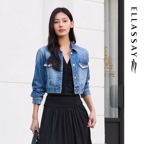 ELLASSAY歌力思秋冬新款棉手工定位钉珠牛仔短外套女EWE363N02900