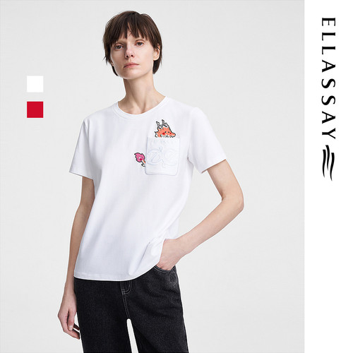 ELLASSAY歌力思春季新款高针绣LOGO卡通圆领T恤女EWV351Z00100