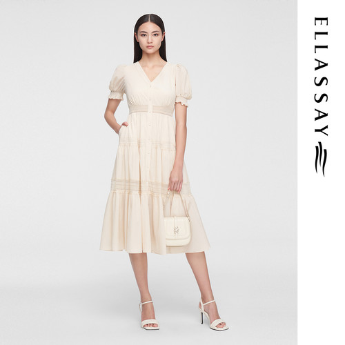 ELLASSAY歌力思夏季新款法式泡泡纱茶歇裙连衣裙女EWW352Y03600