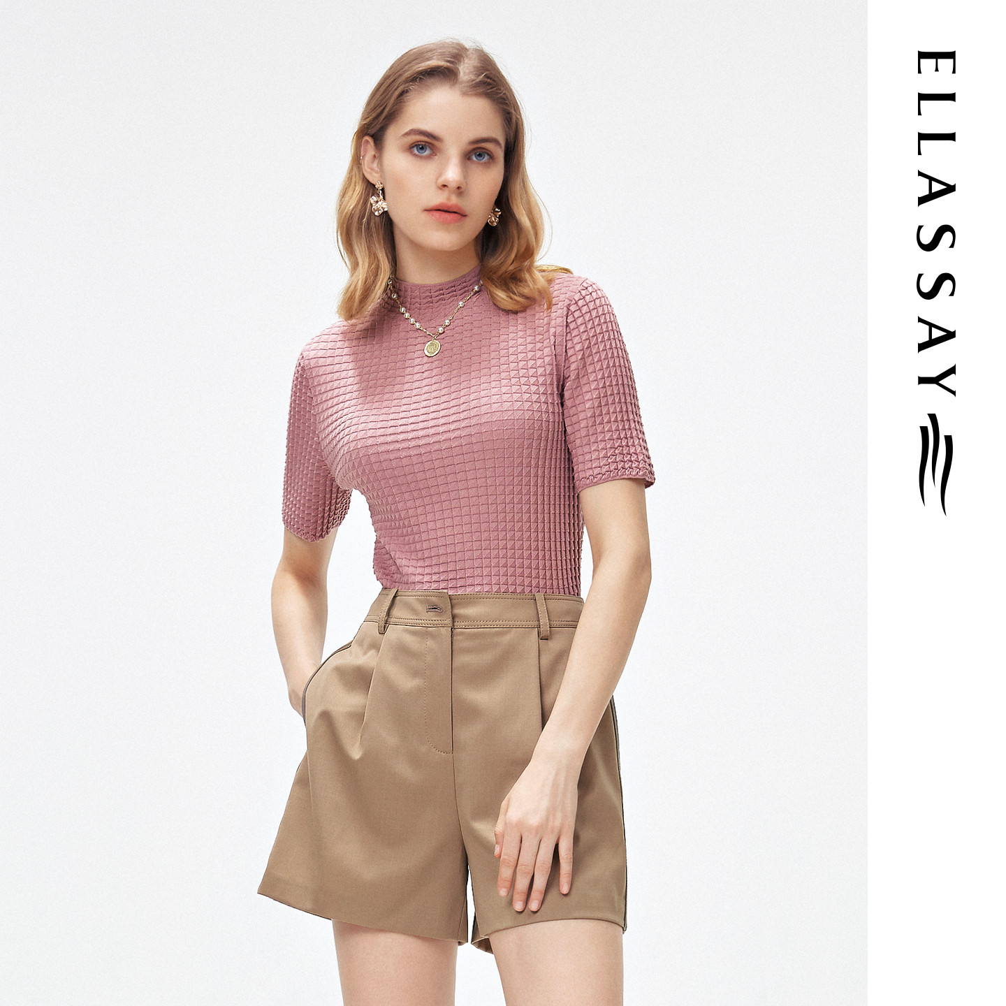 ELLASSAY歌力思秋季新款100%桑蚕丝圆领短袖针织衫女EWF323M00900