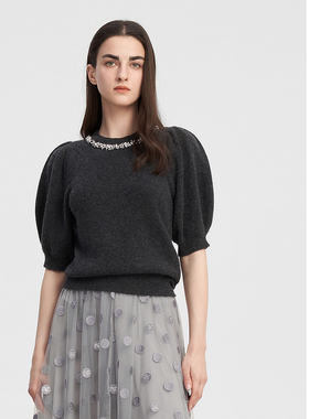 ELLASSAY歌力思秋季新款雪岩灰钉珠羊绒圆领针织衫女EWE343M07800