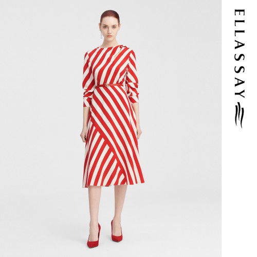 ELLASSAY歌力思秋季新款桑蚕丝条纹设计感连衣裙女EWF343Y07700