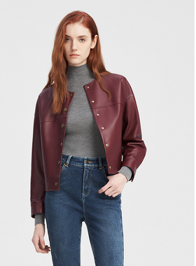 ELLASSAY歌力思早秋新款绵羊皮圆领短款皮衣外套女EWW343X01200