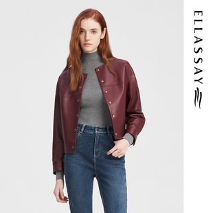 ELLASSAY歌力思早秋新款 皮衣外套女EWW343X01200 绵羊皮圆领短款