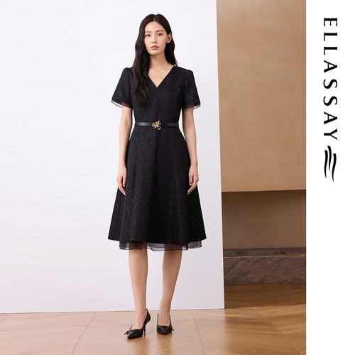ELLASSAY歌力思26夏季新款流光花纱亮片V领连衣裙女EWF371Y06200