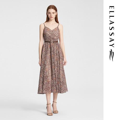 ELLASSAY歌力思秋季新款细肩带复古碎花吊带连衣裙女EWW353Y00800