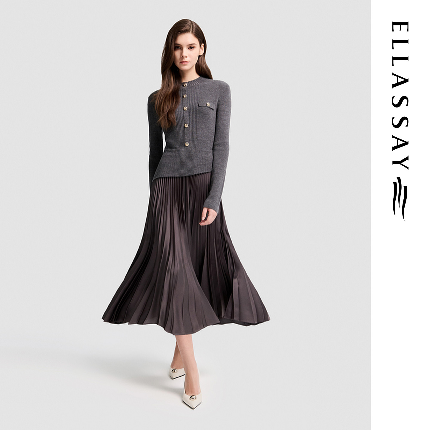 ELLASSAY歌力思2026早春新款绵羊毛高腰百褶连衣裙EWB371Y07100
