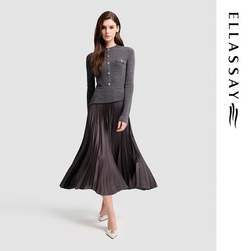 ELLASSAY歌力思2026早春新款绵羊毛高腰百褶连衣裙EWB371Y07100
