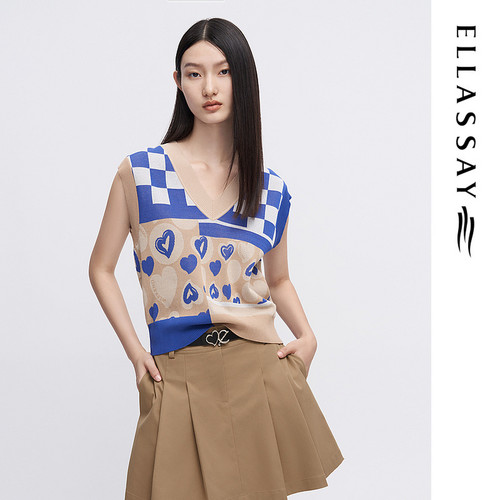 ELLASSAY歌力思春季新款棉爱心棋盘格V领针织衫女EWW341M04400