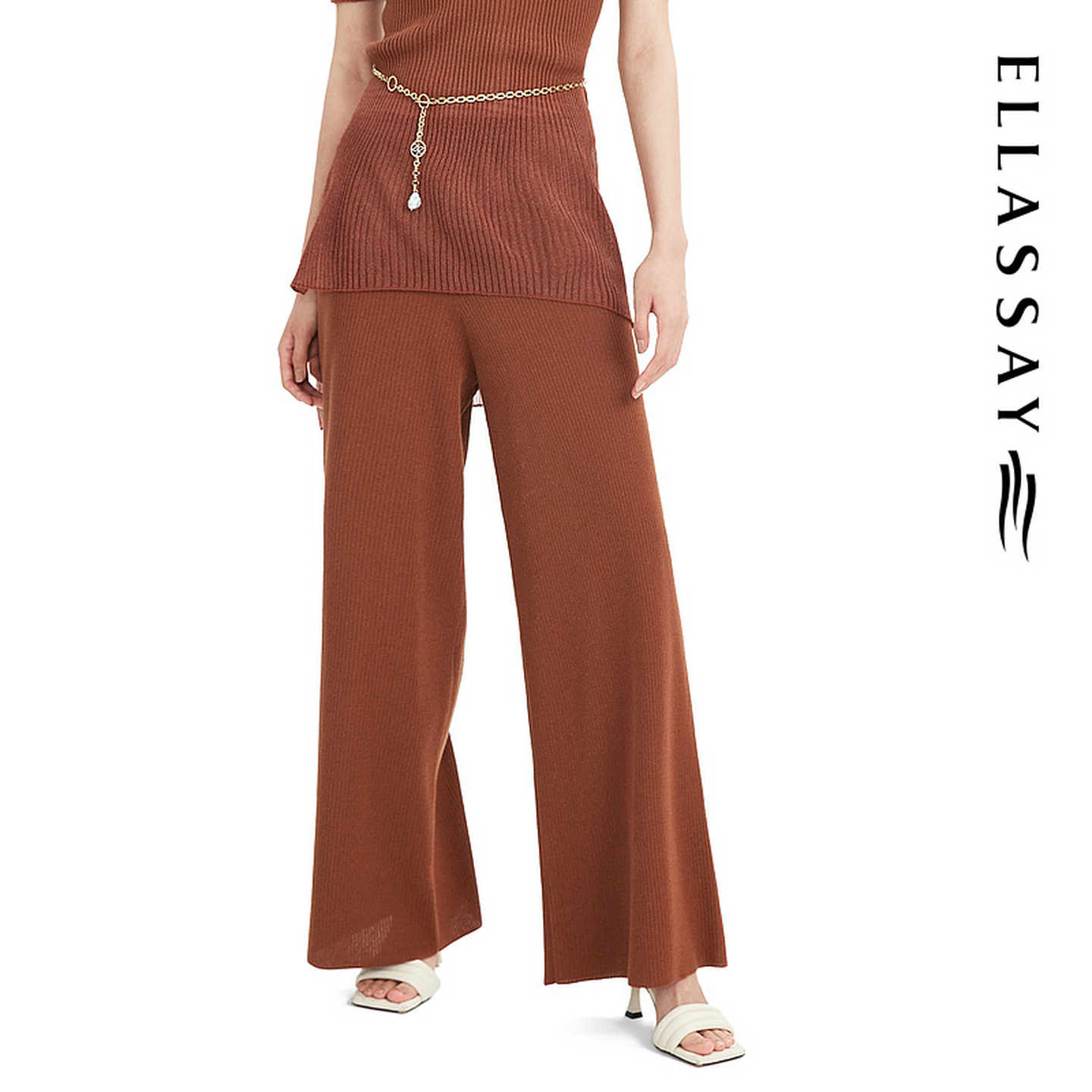 ELLASSAY歌力思春季新款棉混纺针织阔腿休闲裤女EWF331M06800