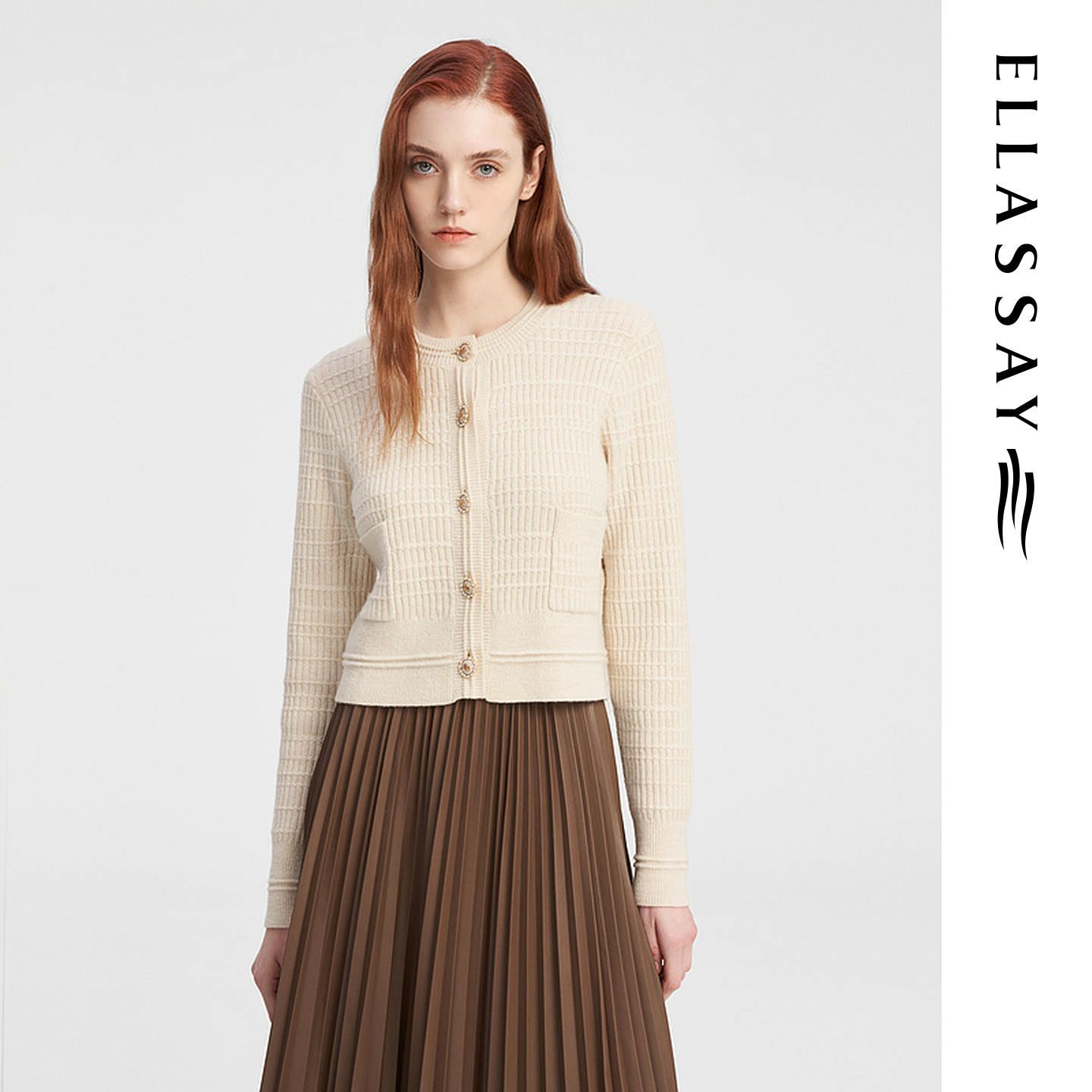 ELLASSAY歌力思秋冬新款羊毛优雅法式钩花针织开衫女EWE344M05200