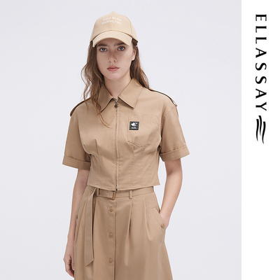 ELLASSAY歌力思春季新款纯棉休闲截短式小夹克衬衫女EWW341C00500