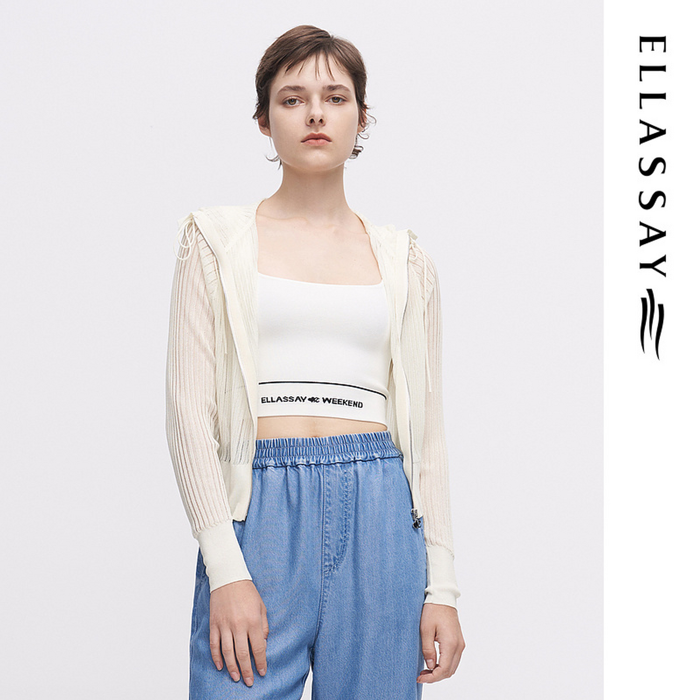 ELLASSAY歌力思夏季新款坑条纱防嗮连帽短外套女EWW342M04200