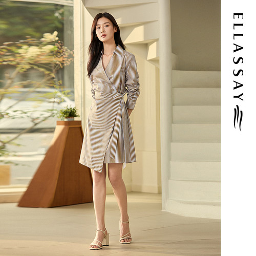 ELLASSAY歌力思夏季新款棉舒适V领收腰衬衫连衣裙女EWB363Y00600