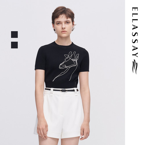 ELLASSAY歌力思夏季新款休闲简约立体绣花针织T恤女EWE342M02900