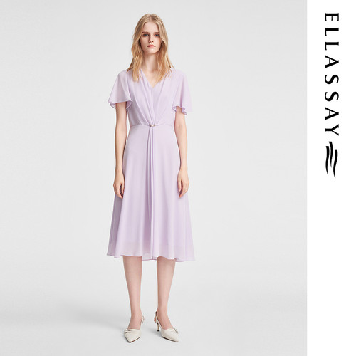 ELLASSAY歌力思夏季新款桑蚕丝捏褶气质优雅连衣裙女EWE352Y08900