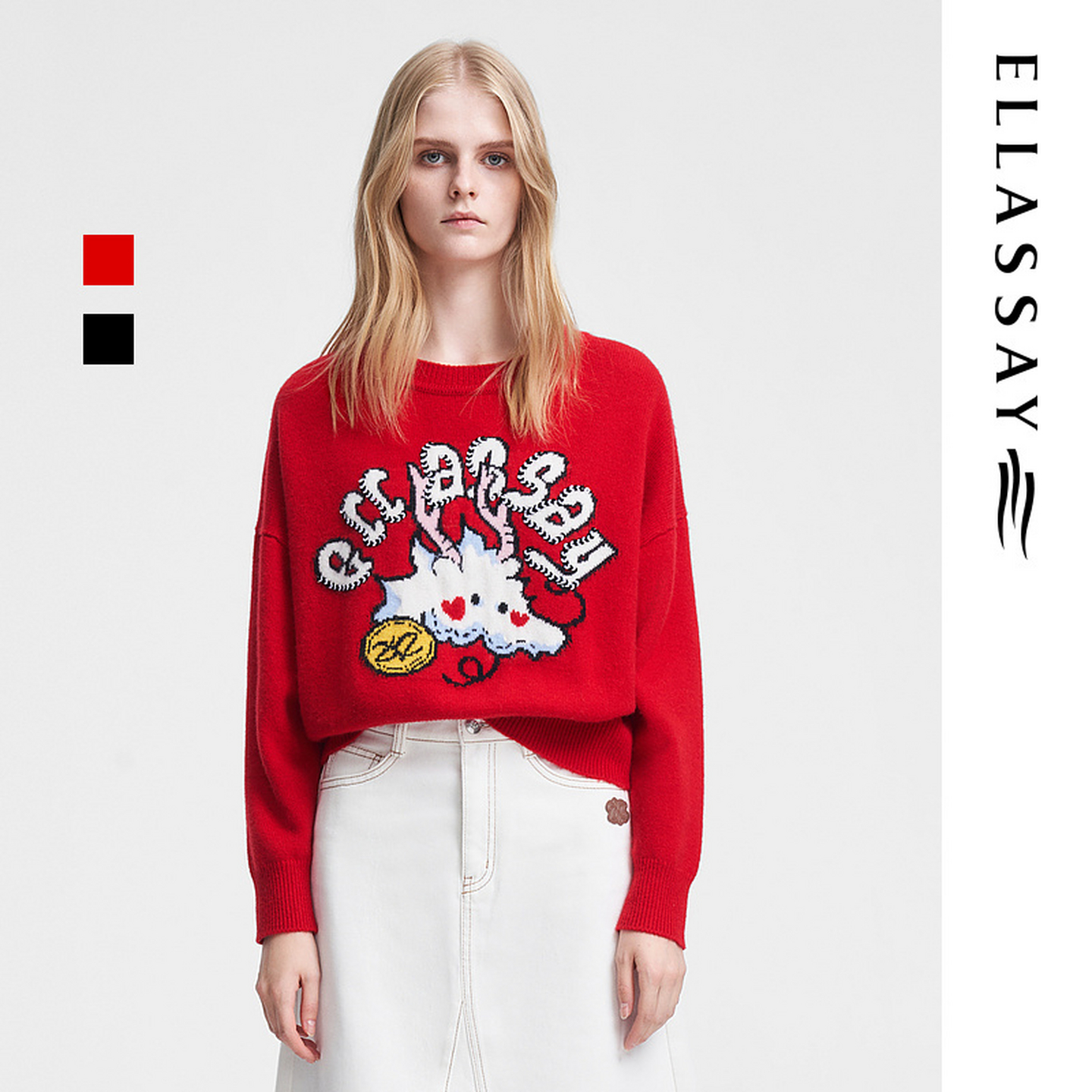 ELLASSAY歌力思春季新款绵羊毛休闲卡通龙形针织衫女EWV351M01700